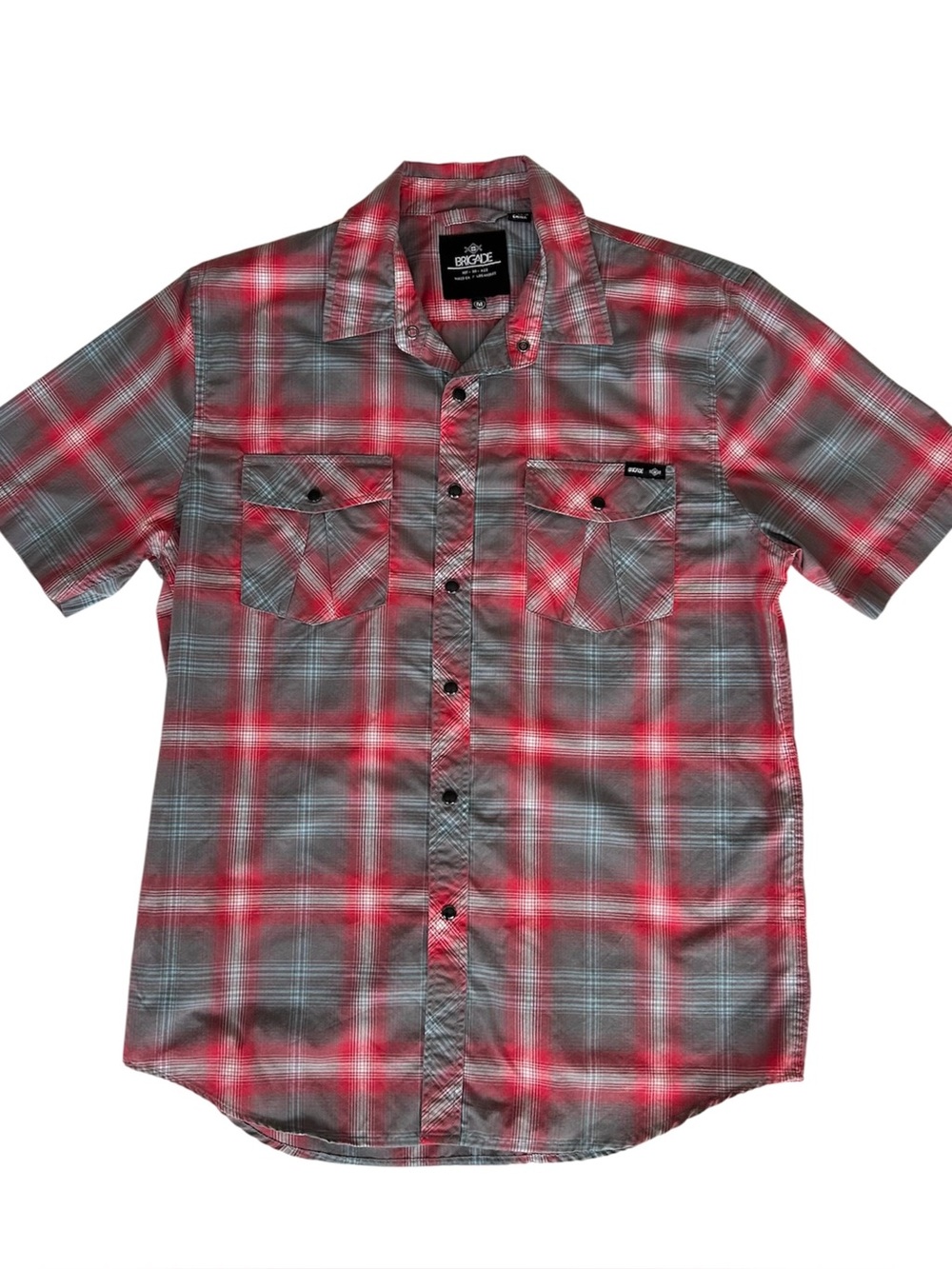 BRIGADE Western Black Snap Short Sleeve Shirt Plaid Red Gray Mens Sz Medium 2013